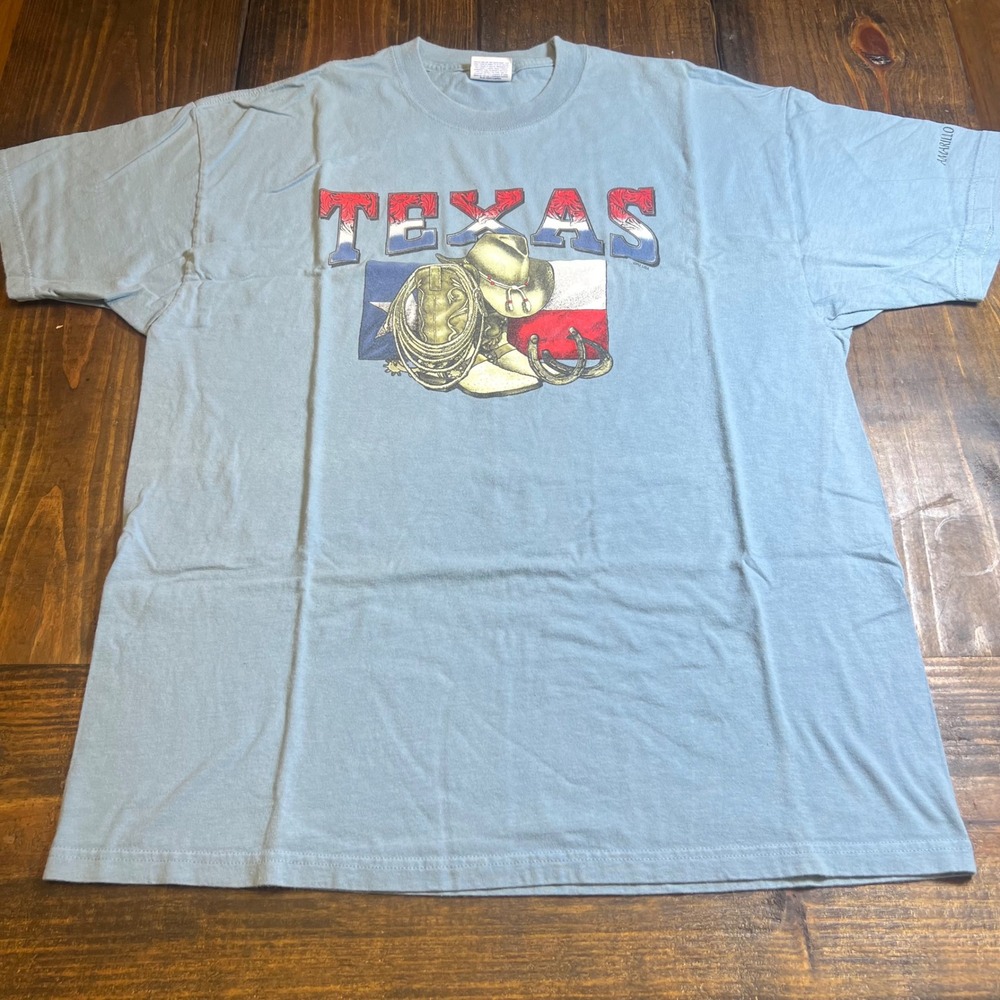 Hanes Beefy-T Texas Cowboy Graphic T-Shirt Mens XL Blue Western Boots Hat Flag‎
